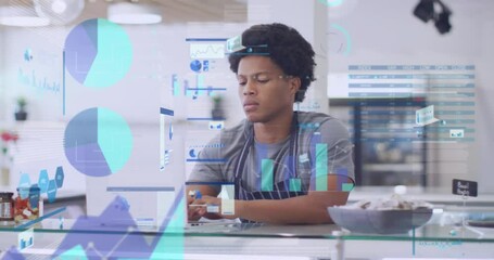 Poster - Animation of multiple graphs, trading board, loading circles, biracial male barista using laptop