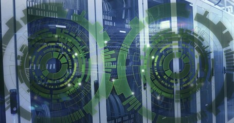 Poster - Animation of loading circles and computer language over data server racks in server room