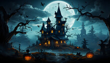Full Moon Nighttime,dark Landscape Castles And Graveyards Filled, Ghostly Mystical Fog,bats Flying In Sky,pumpkin Heads And Dead Trees,candles Lights,concept Halloween Night,generator AI Illustration