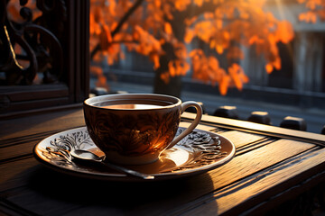 cup of coffee with autumn leaves