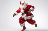 Fototapeta Sport - Santa Claus dashes energetically with his sack against a pristine white background, Generative AI.