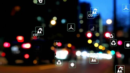 Poster - Animation of multiple icons over blurred vehicles moving on street against sky