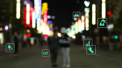 Poster - Animation of multiple icons over blurred diverse females taking selfie through camera on street