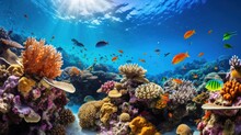 Colorful Coral Reef With Schools Of Tropical Fish Swimming Around.