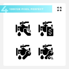 Poster - Pixel perfect glyph style icons set representing plumbing, simple silhouette illustration.