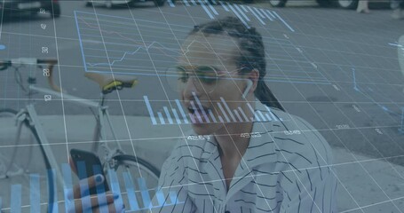 Poster - Animation of statistical data processing over biracial man having video call on smartphone on street