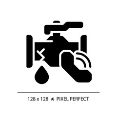 Canvas Print - 2D pixel perfect glyph style icon pipe leakage with call icon, isolated vector, simple silhouette illustration representing plumbing.