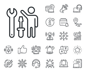 Poster - repairman service sign. place location, technology and smart speaker outline icons. spanner tool lin