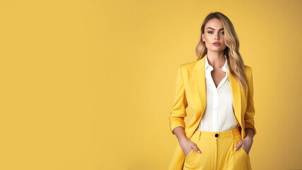 Wall Mural - A young blond woman in yellow clothing stands against a solid yellow background. Studio. Isolated yellow background.