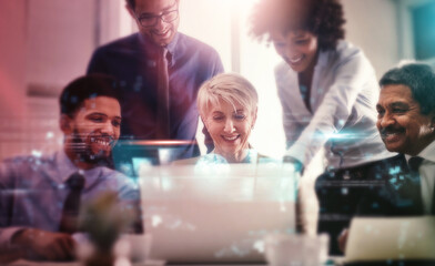 Poster - Hologram, computer and team of business people with futuristic networking for company global growth and connection. Happy, software and team working on 3D digital worldwide development information