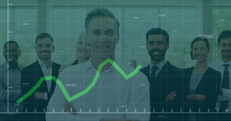 Poster - Animation of statistical data processing over portrait of diverse businesspeople smiling at office