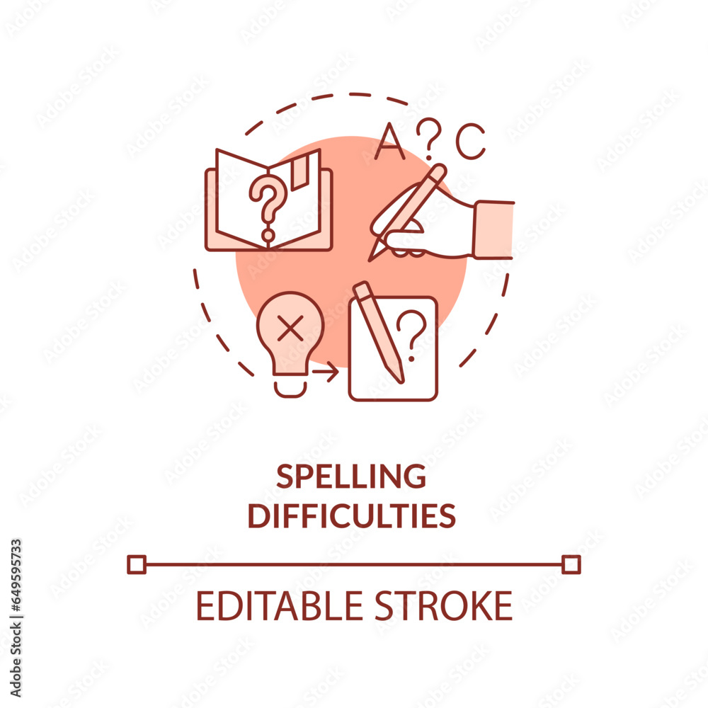 2D editable red icon spelling difficulties concept, simple isolated ...