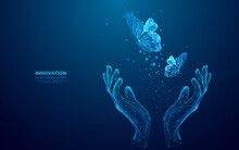 Abstract Hands Of A Woman Carefully Holding Butterflies That Fly Up. Digital Butterflies As Freedom Metaphor. Technology Innovation Concept. Low Poly Wireframe Vector Illustration On A Blue Background