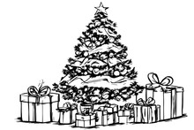 Sketch Christmas Tree And Gifts To Create Holiday Cards, Backgrounds And Decorations. Vector Illustration