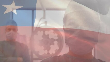 Poster - Animation of waving chile flag against portrait of diverse male and female surgeons at hospital