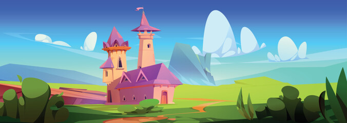 Wall Mural - Fairytale pink castle on green summer landscape. Vector cartoon illustration of medieval royal palace with flag on top of stone tower, fantasy meadow with lawn and rocky stone, clouds in blue sky