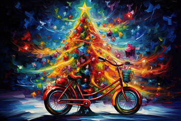 Wall Mural - bicycle in the night with an abstract christmas tree, colorful art