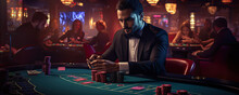 Gambling Casino Dealer At Black Jack Table.  Wide Banner