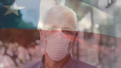Poster - Animation of waving chile flag over portrait of caucasian man wearing face mask on the street