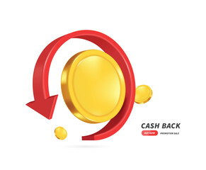 Wall Mural - Red arrow 3d swirl around gold coin or dollar currency coin for refund advertising design, vector 3d for cash back advertising