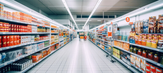 Supermarket aisle and Fresh vegetables on the shelf, with colorful shelves, diverse assortment of products, sale, consumerism shopping concept, Abstract blurred background