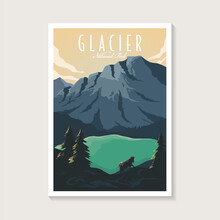 Glacier National Park Poster Illustration, Beautiful Mountain Lake Scenery And Mountain Goat Poster Design