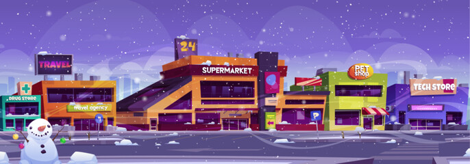 Wall Mural - Winter supermarket parking near store building vector background. City shop exterior with falling snow weather on street. Car lot and road near hypermarket. Snowy cityscape illustration scene