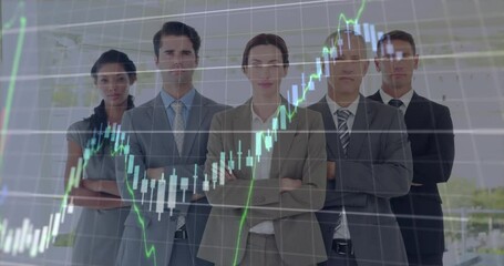 Wall Mural - Animation of financial data processing against portrait of diverse businesspeople standing at office