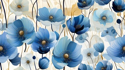 Poster -  a blue and white flower pattern on a white and beige background.  generative ai