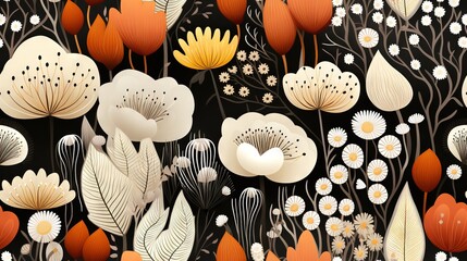 Wall Mural -  a painting of flowers and leaves on a black background with white and orange flowers.  generative ai