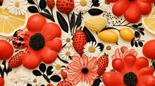 A Colorful Wallpaper With Flowers, Lemons, And Strawberries.  Generative Ai