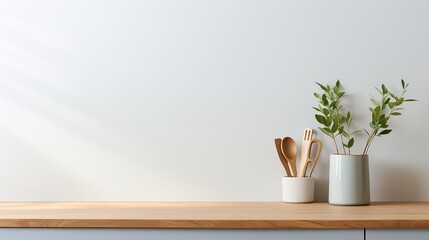 Coastal style white blank empty space kitchen countertop with kitchen utensils and indoor plant, Scandi interior design, AI generated