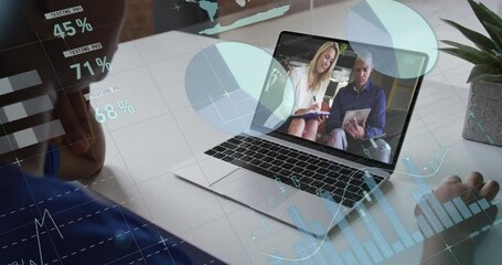 Poster - Animation of data processing against african american woman having video call on laptop at office