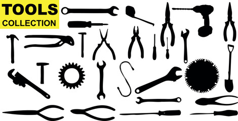 Wall Mural - Tool Collection Vector Illustration, Features wrench, hammer, saw, screwdriver, paintbrush, pliers, scissors, drill, chisel, tongs, wire cutters, needle nose pliers, and bolt cutters.