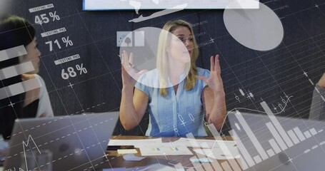 Poster - Animation of statistical data processing over caucasian woman discussing with colleagues at office