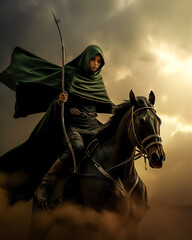 Wall Mural - an muslim woman warrior in hijab and veil  on horse in the Arabian desert, hyper realistic, dramatic light and shadows, sun behind the storm clouds, create using generative AI tools