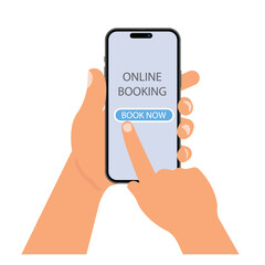 Poster - hand holding smartphone with screen and book now button. flat design illustration of online booking 
