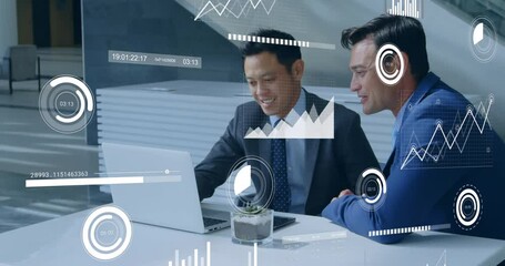 Poster - Nimation of statistical data processing on two diverse businessmen discussing over laptop at office