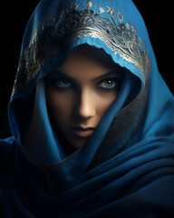 Wall Mural - portrait of warrior Muslim woman in battle dress with hijab and burqa or veil,  hyper realistic and detailed, dramatic light and shadows, create using generative AI tools