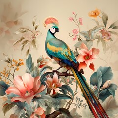 chinoiserie bright colour seamless pattern with bird and flower