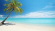  a palm tree on a beach with a blue sky in the background. generative ai