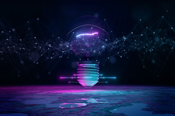 Wall Mural - Lightbulb illuminating reflecting floor with blue and pink neon light 3D rendering