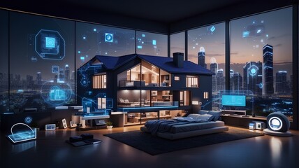 an smart house full of technology inside a penthouse with a view of city and a giant bed