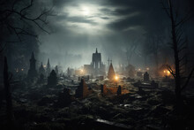 Creepy Old Cemetery At Night With Burning Lights In The Fog