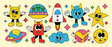 Set Of 70s Groovy Element Vector. Collection Of Cartoon Characters, Doodle Smile Face, UFO, UAP, Rocket, Alien, Galaxy, Spaceship. Cute Retro Groovy Hippie Design For Decorative, Sticker, Kids.