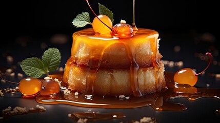 Canvas Print - sweet pudding with fruit topping and melted sweet syrup on a wooden table with blurry background