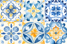 Watercolor Yellow And Blue Spanish Seamless Tiles. Lisbon Pattern, Tile Collection. Portuguese Ornamental Background