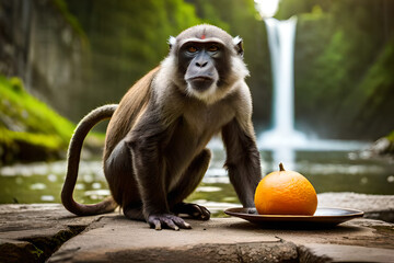 Wall Mural - monkey eating fruit in fresh forest