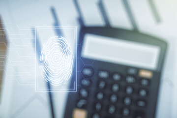 Poster - Abstract virtual fingerprint hologram on calculator background. Multiexposure