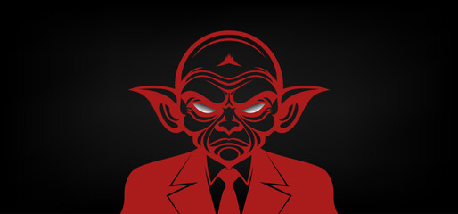 Vector graphic red portrait of a sullen evil goblin wearing a suit, tie and empty white eyes. Black isolated background.